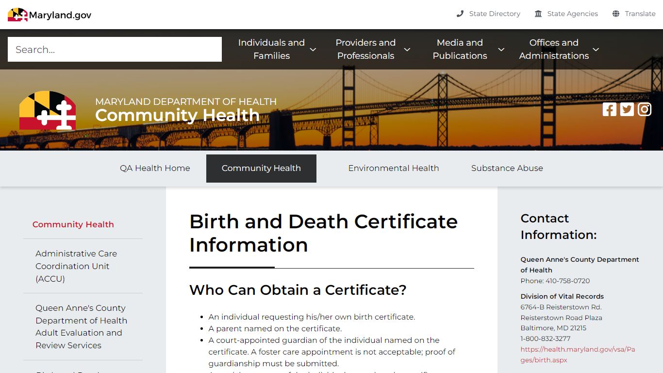 Maryland Department of Health Birth and Death Certificates